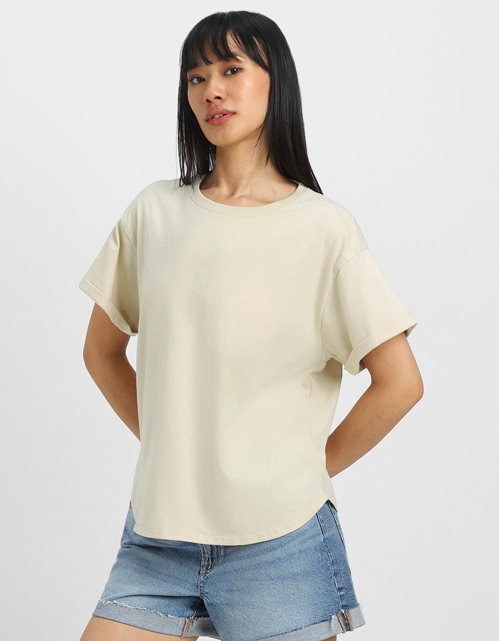 Beige Plain Boyfriend Fit T-Shirt