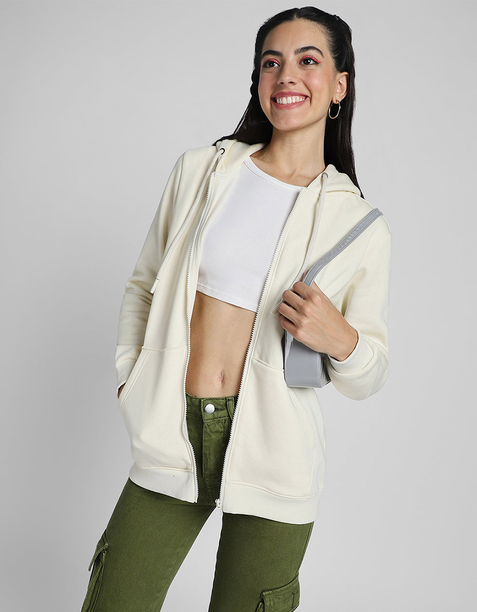 Plain Hooded Regular Fit Off White Zipper Jacket