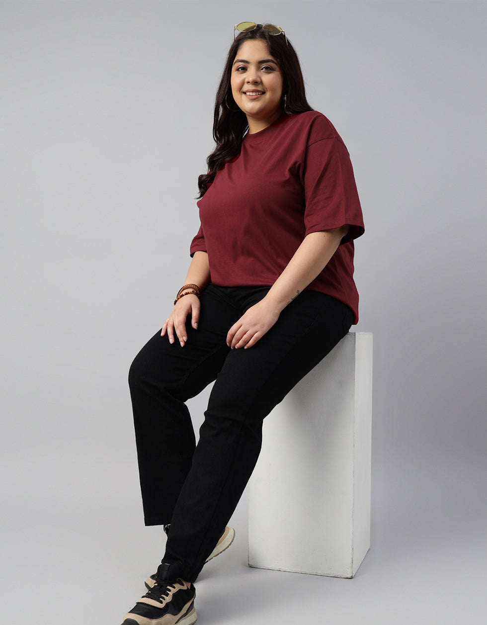 Maroon Plain Plus Size Oversized T-shirt