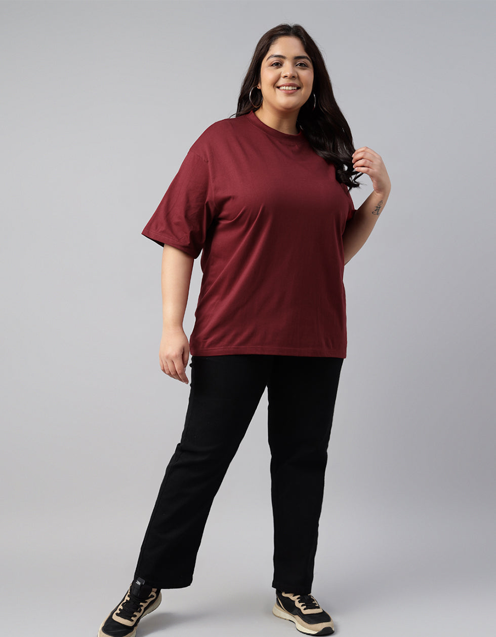 Maroon Plain Plus Size Oversized T-shirt