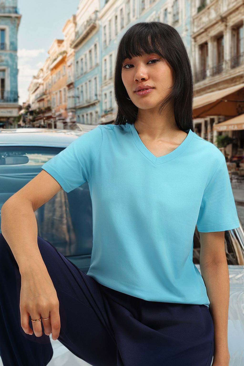 Ice-Blue Plain V-Neck Regular Fit T-Shirt