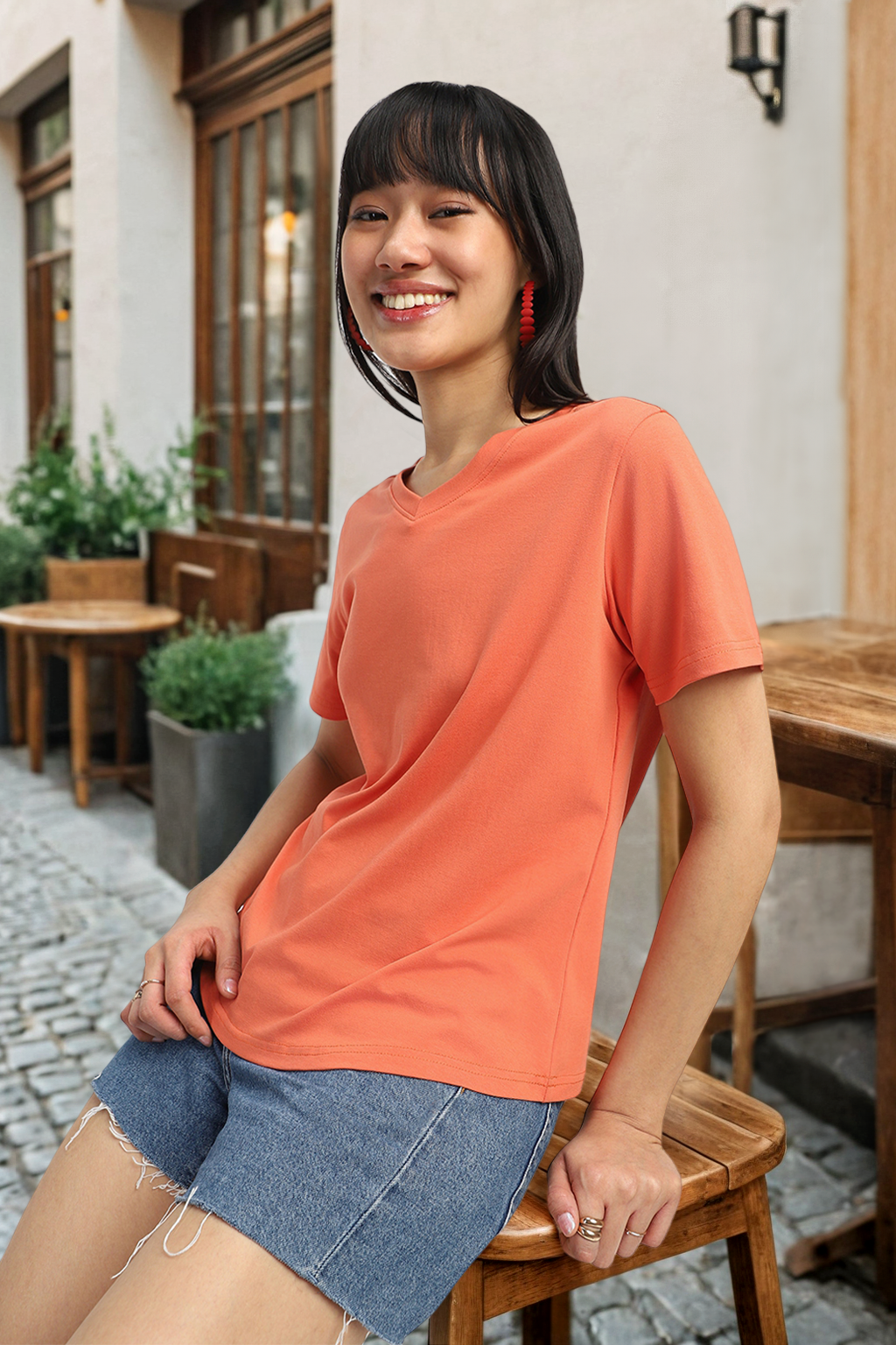 Orange Plain V-Neck Regular Fit T-Shirt