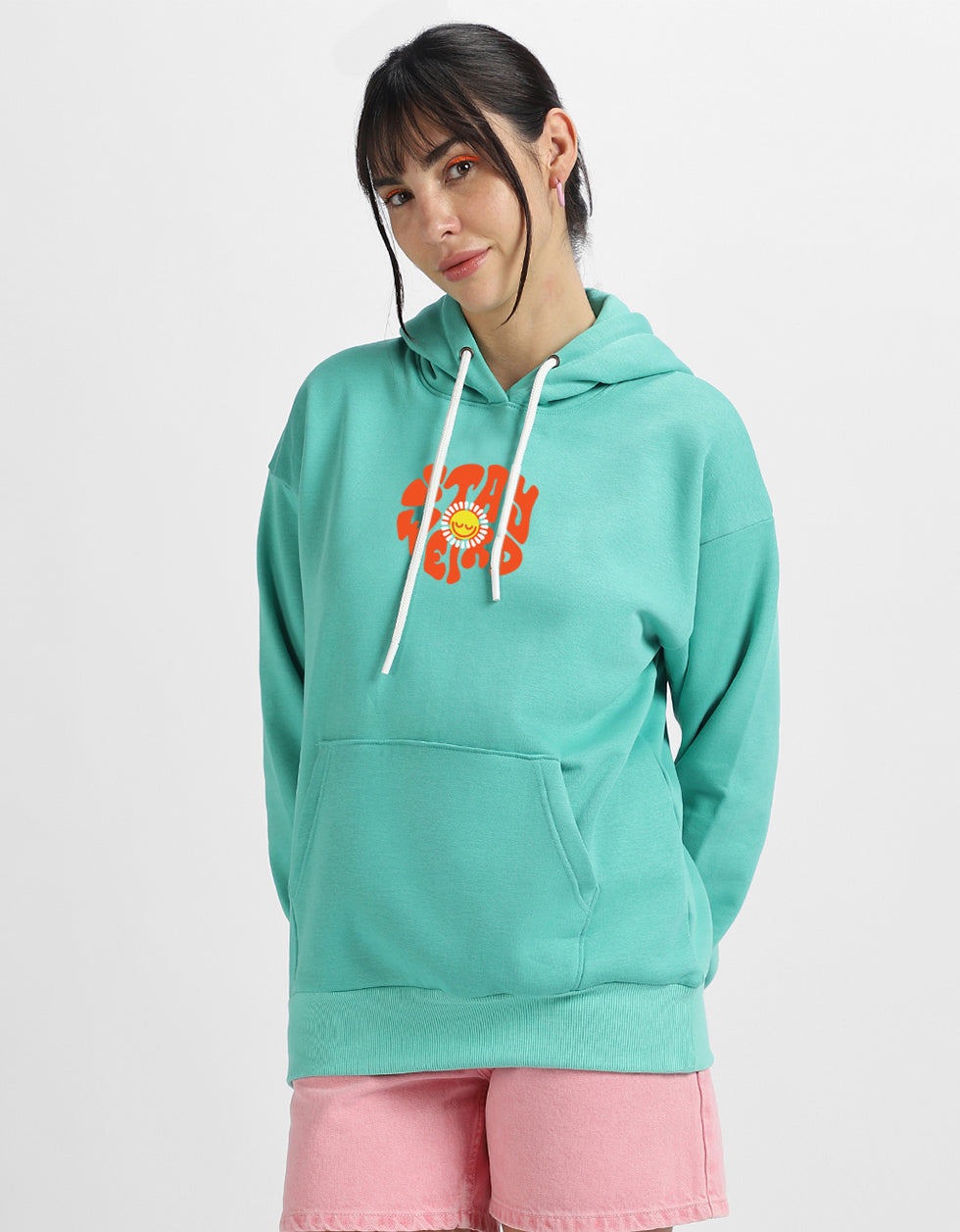 Stay Weird Graphic Printed Green Oversized Hoodie