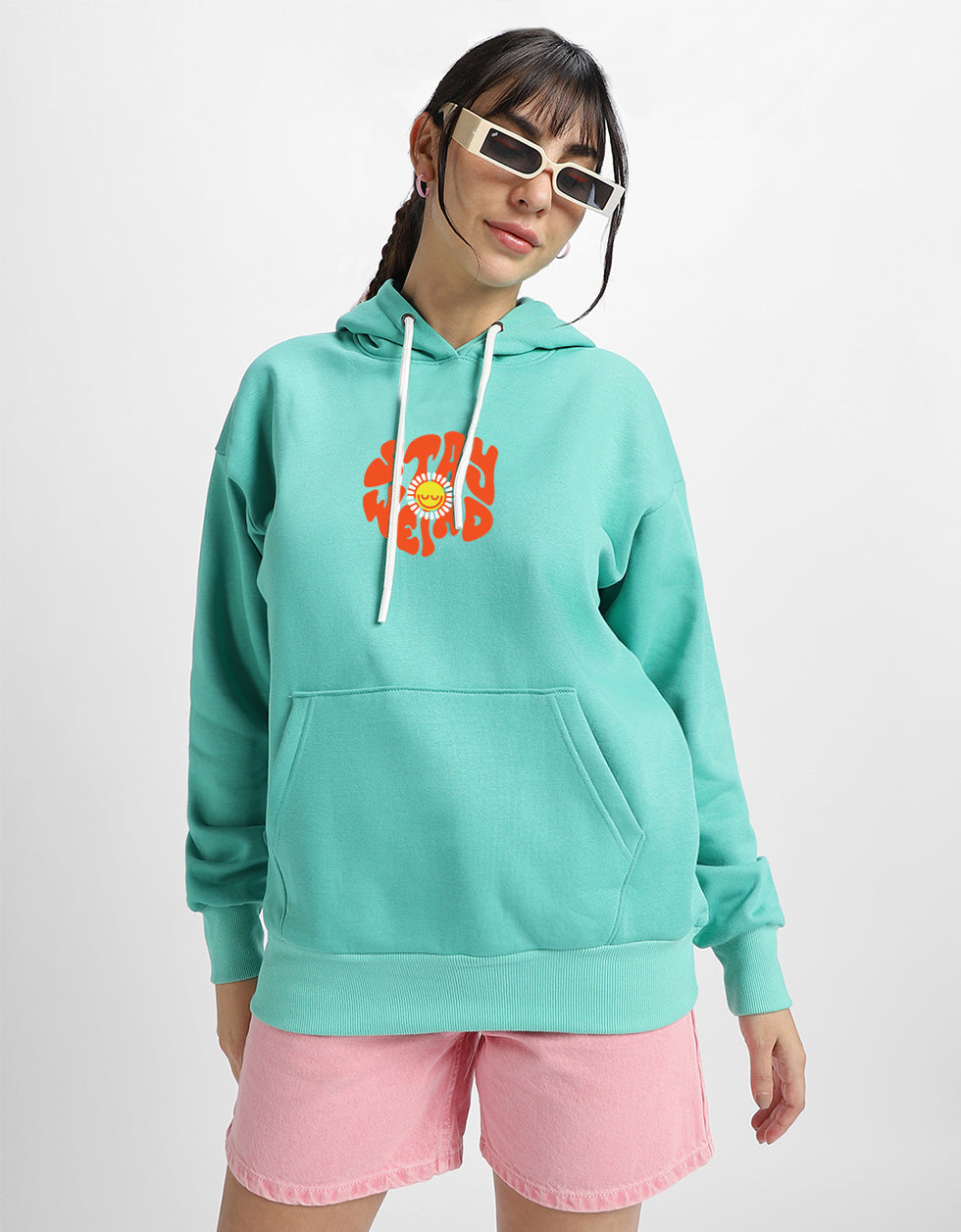 Stay Weird Graphic Printed Green Oversized Hoodie