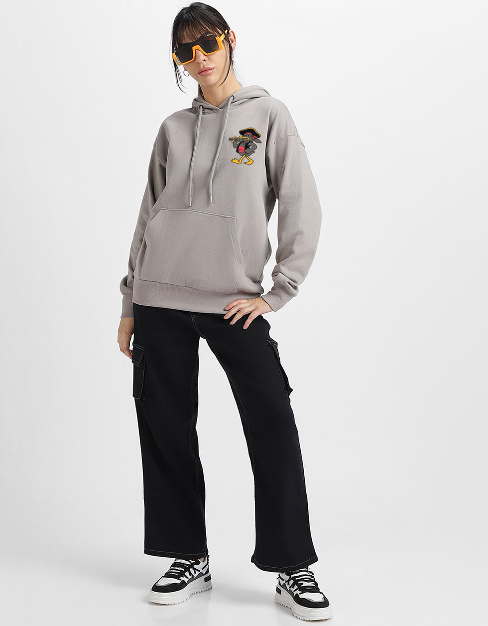 Duck Graphic Printed Grey Oversized Hoodie