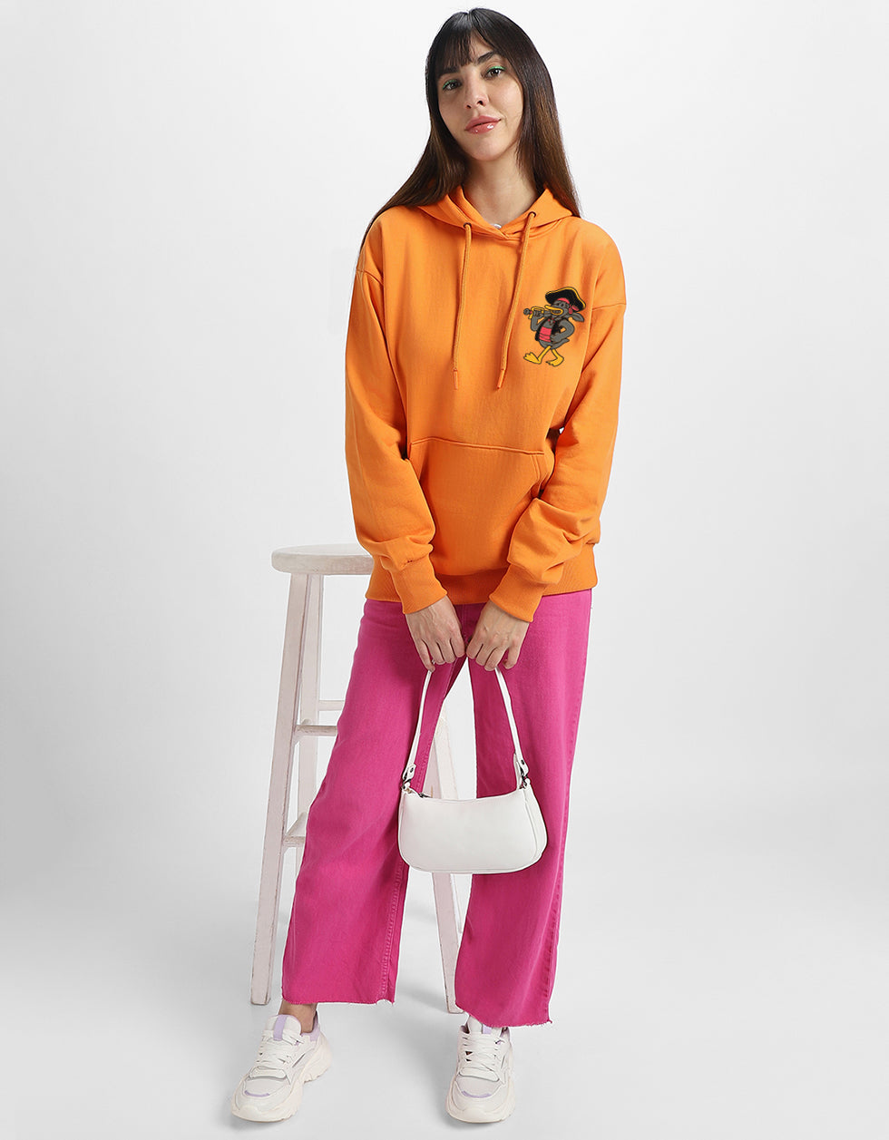 Duck Printed Orange Oversized Hoodie