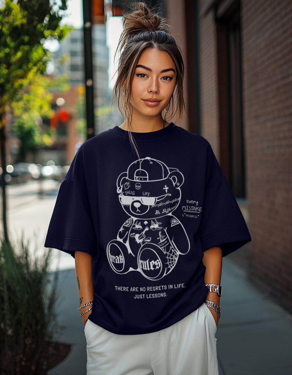 Break Rules Navy Graphic Printed Oversized T-Shirt