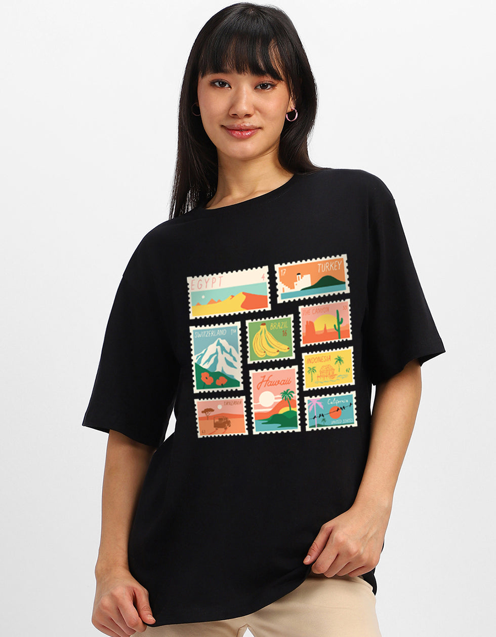 City Travel Black Oversized Graphic Printed T-Shirt