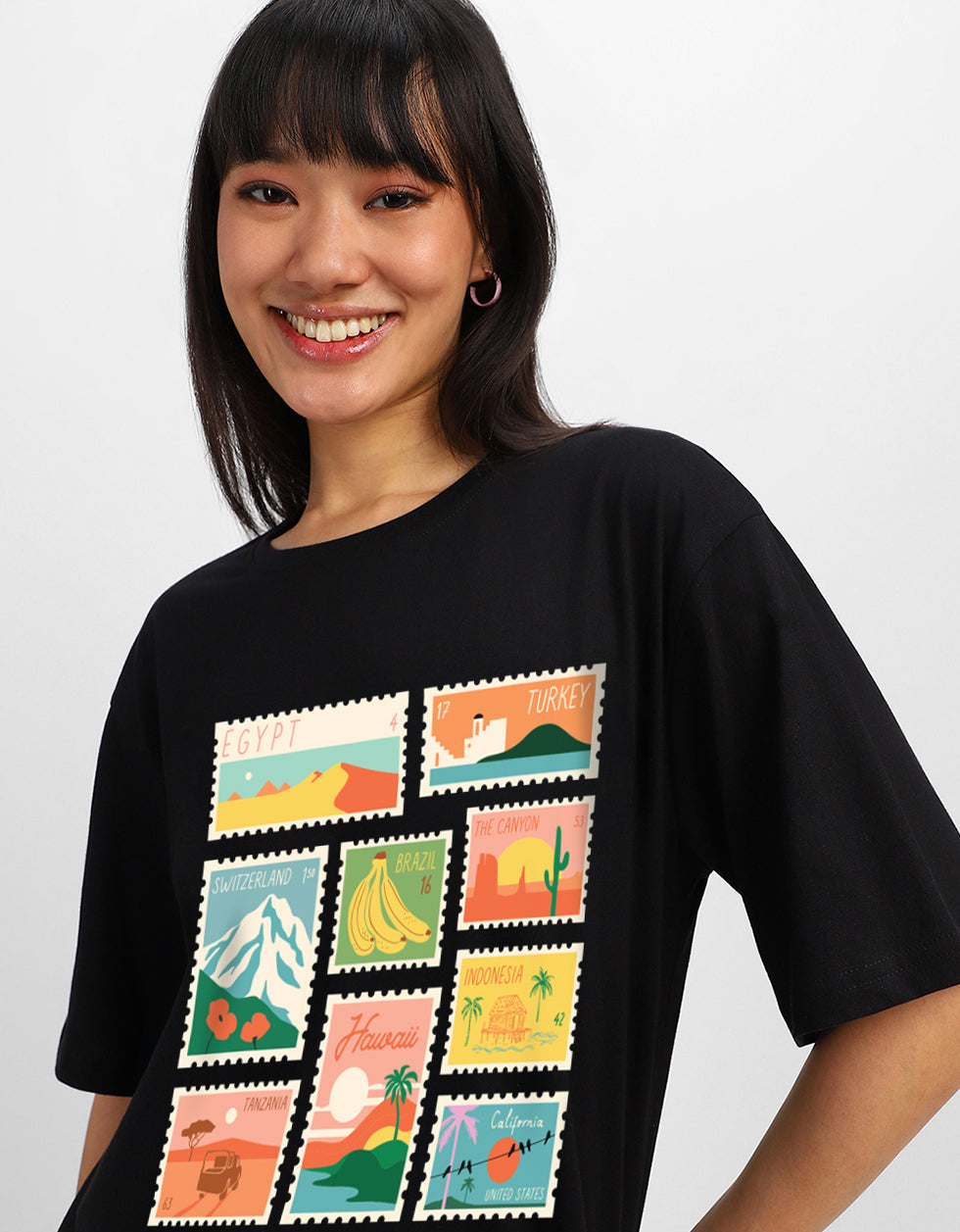 City Travel Black Oversized Graphic Printed T-Shirt