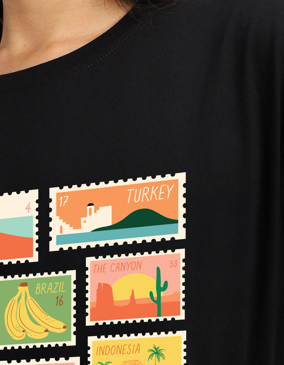 City Travel Black Oversized Graphic Printed T-Shirt