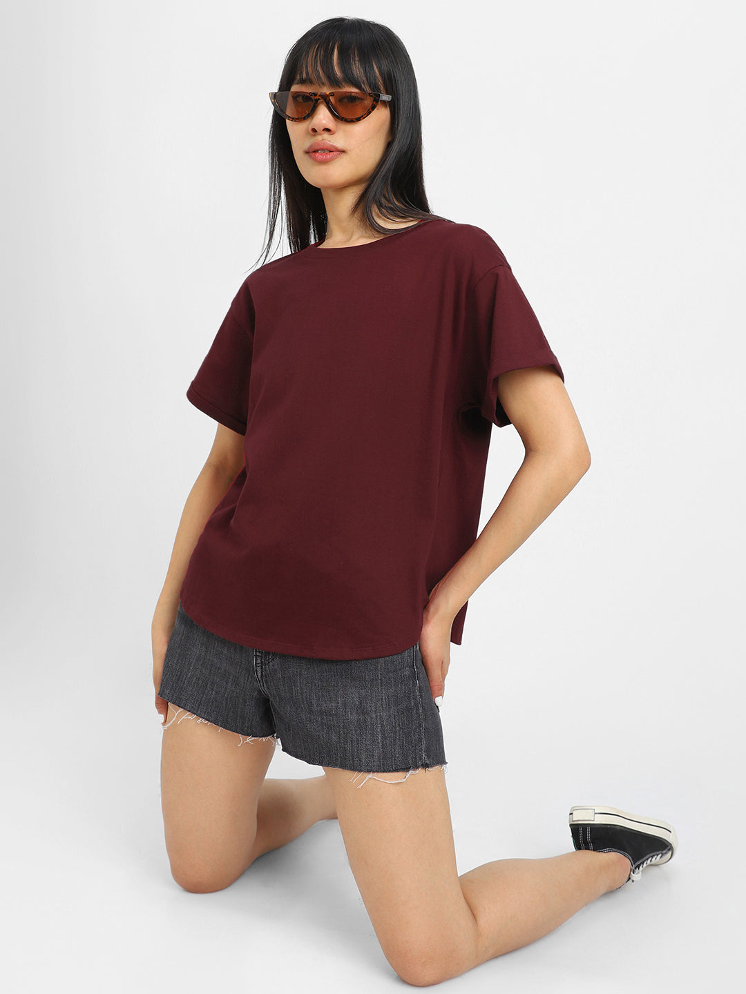 Maroon Plain Boyfriend Fit T-Shirt