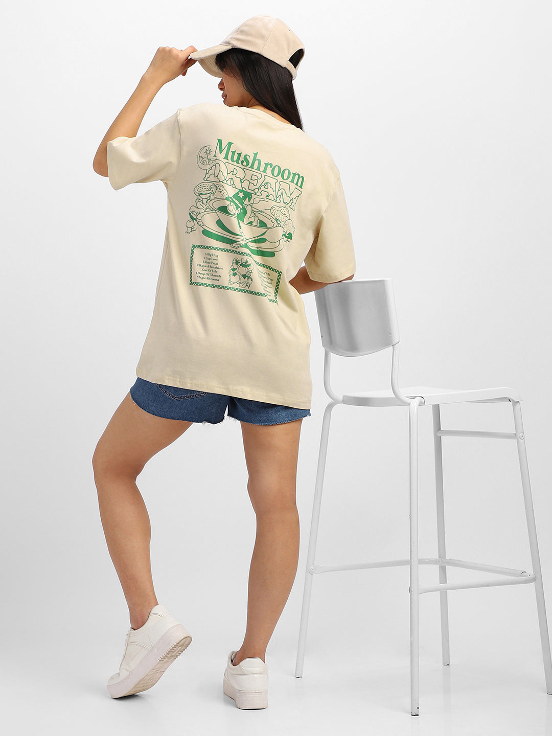 Mushroom Swan White Graphic Printed Oversized T-Shirt