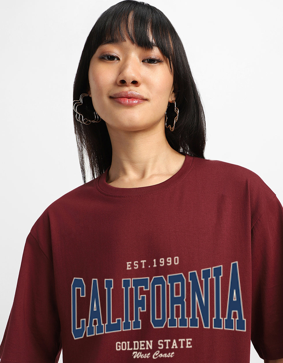 California Maroon Oversized Typographic T-Shirt
