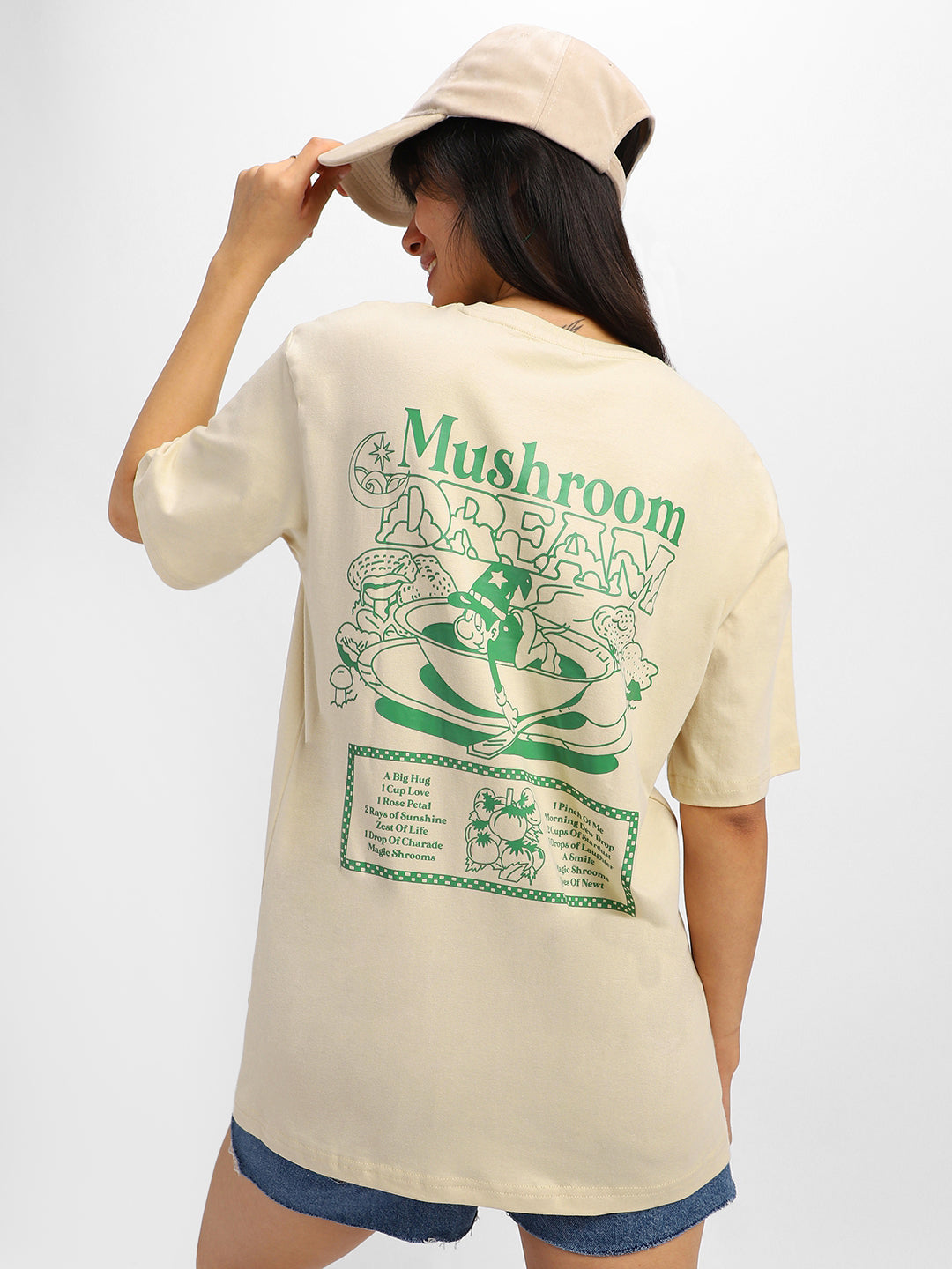 Mushroom Swan White Graphic Printed Oversized T-Shirt