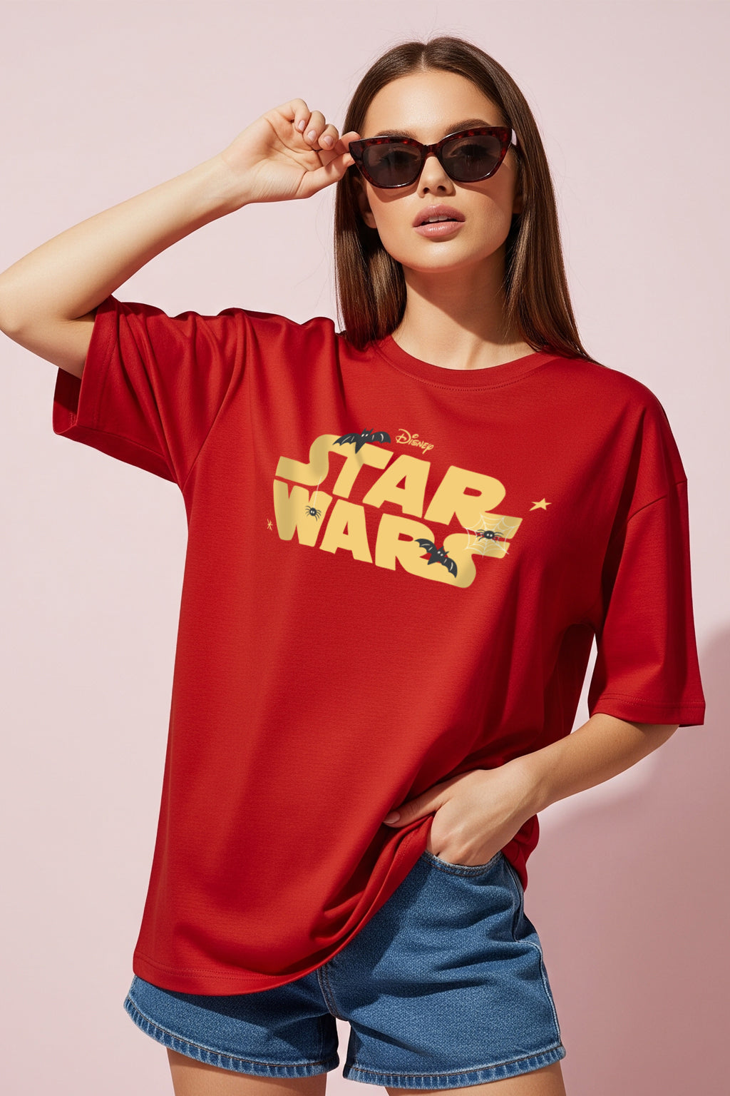 Star War Red Oversized Front Typo Graphic Printed T-Shirt